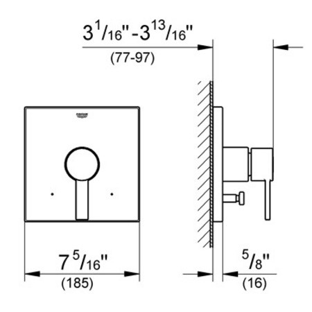 Dimensions for Grohe Allure Pressure Balance Diverter Valve Trim - 19376