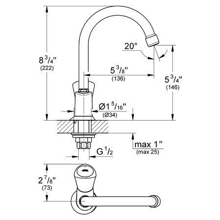 Dimensions for Grohe Classic II Basin/Pillar Tap - 20179