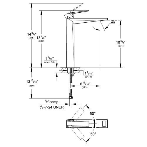 Dimensions for Grohe Allure Brilliant Deck Mount Vessel Faucet - 23115