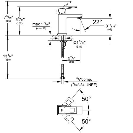 Dimensions for Grohe Eurocube Lavatory Faucet Less Drain - 23133