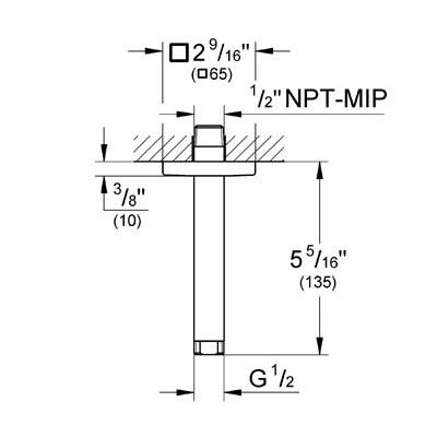 Dimensions for Grohe Rainshower 6" Ceiling Shower Arm with Square Flange - 27486