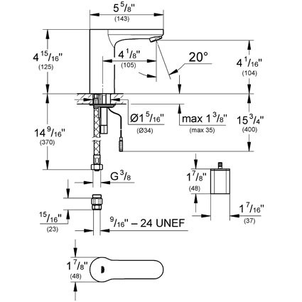 Dimensions for Grohe Eurosmart E "Touch-free" centerset faucet with temperature control - 36329
