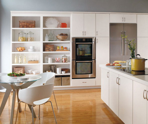 Clean and modern kitchen with white open cabinetry