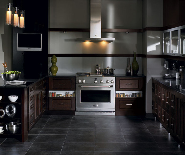 Dark wood kitchen cabinets in a modern kitchen