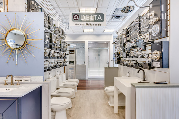Delta bathroom products on display at Consumer Supply showroom