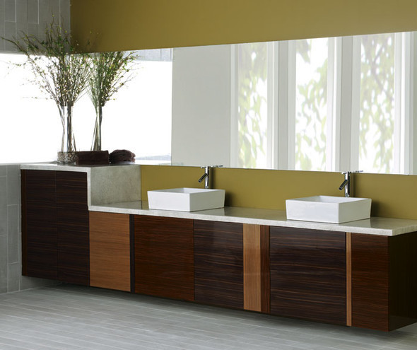 Wooden and marble bathroom countertops with 2 vessel sinks