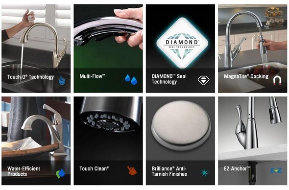Delta's "Smart Solutions" for Kitchen & Bath featuring touch-o technology, multi-flow, Diamond Seal Technology, MadnaTite Docking, Water efficient products, Touch Clean, Brillliance Anti-Tarnish finishes, EZ Anchor