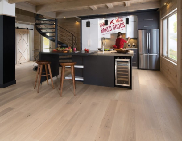 Light wood flooring in a modern kitchen