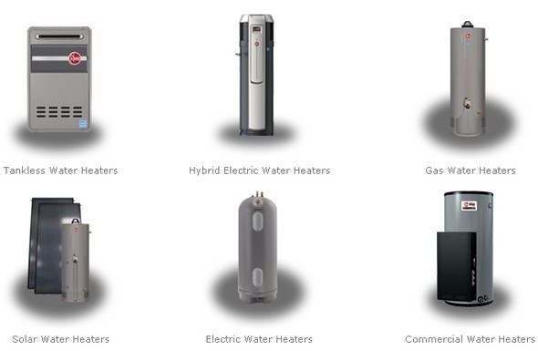 Composite image of 6 different Rheem brand water heaters