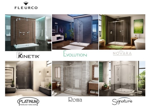 Composite image of Fleurco shower doors featuring Kinetik, Evolution, Novara, Platinum, Roma, Signature