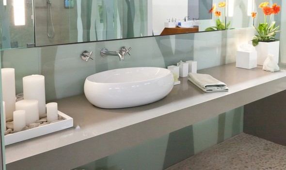 Silestone bathroom countertop with a white vessel sink