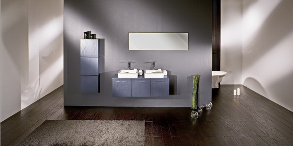 Floating blue modular cabinetry in bathroom